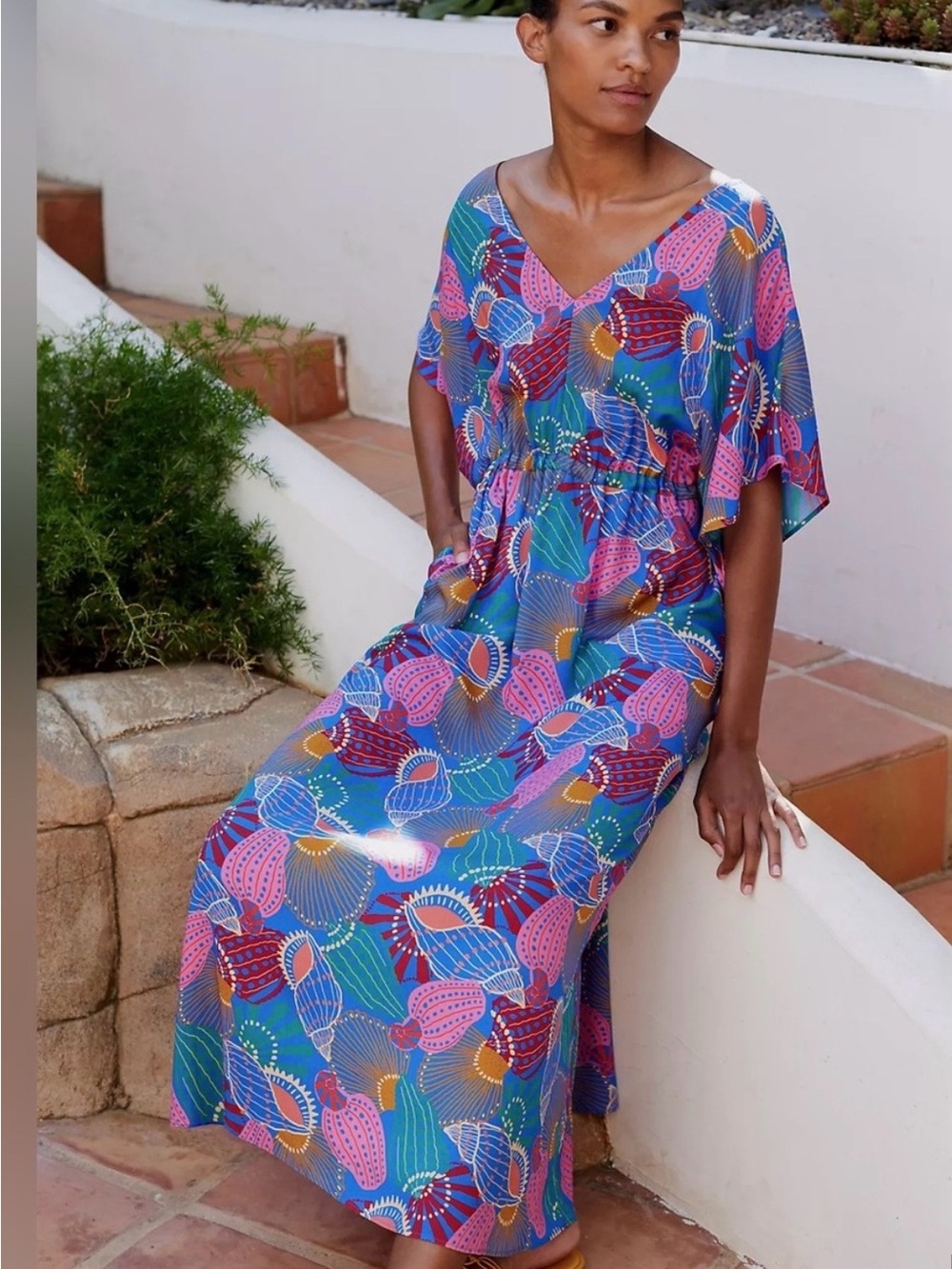 FARM Rio Blue Floral Maxi Dress with Pink and Teal Motif